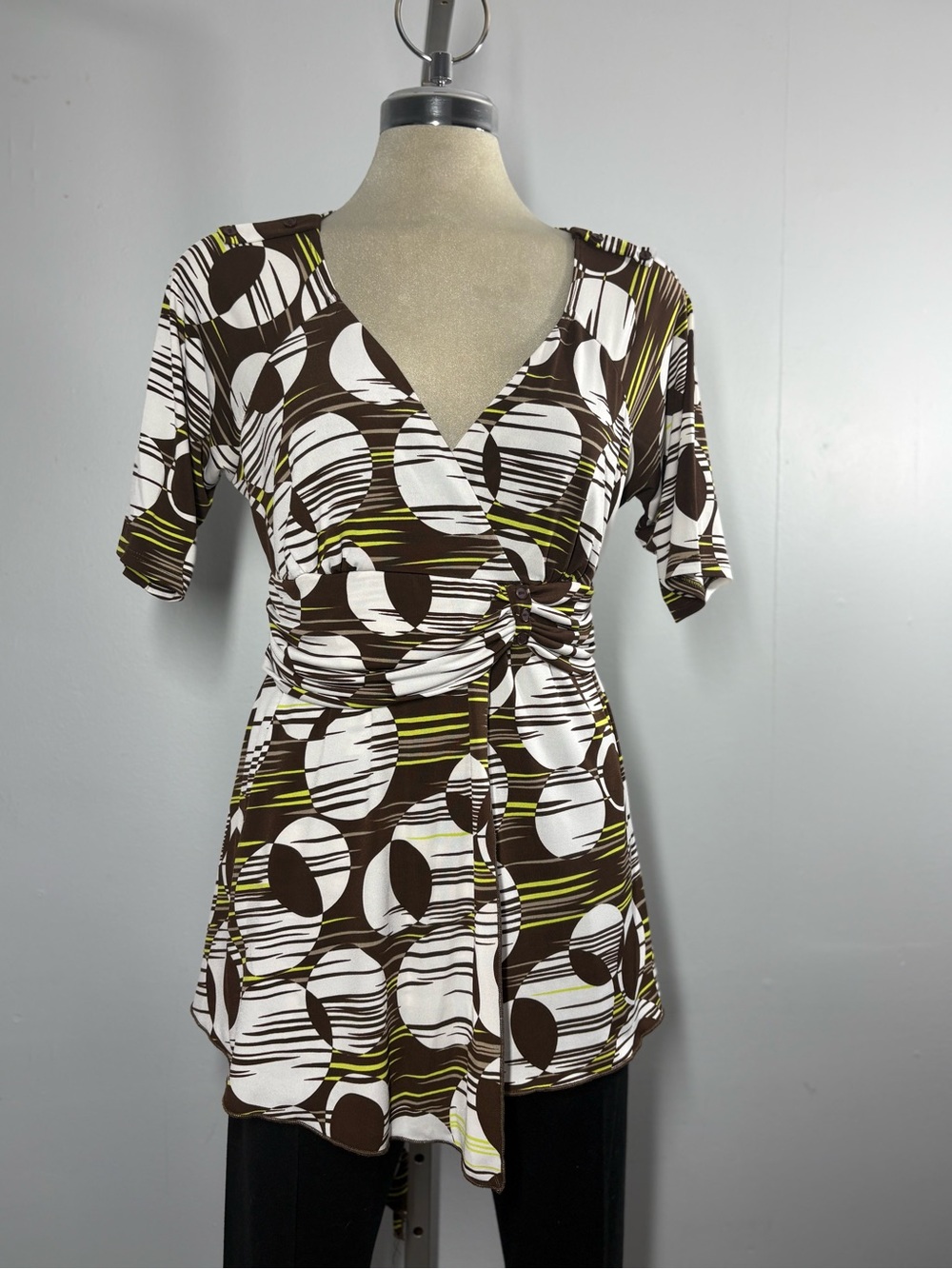 V-Neck Wrap Tunic Top in Brown, White & Olive